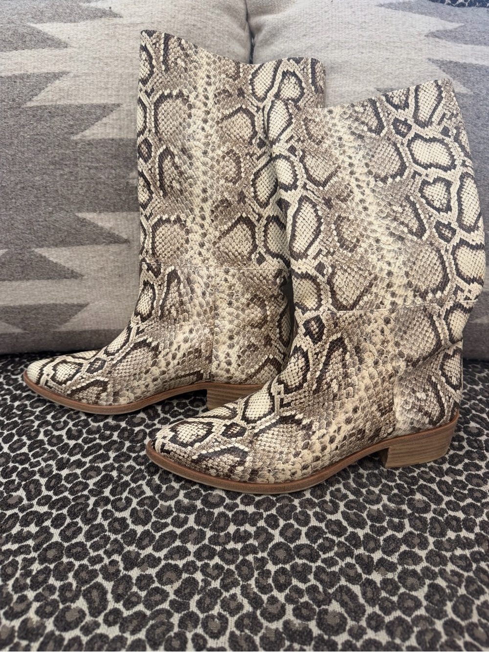 Freda Salvador Python-Print Mid-Calf Boots — Beige and Brown
